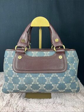 Celine Vintage Denim Macadam Boogie Bag Blue Jacquard Leather Satchel